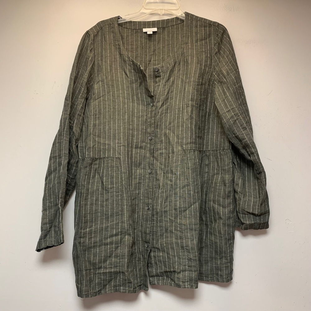 Pure Jill Linen Tunic Womens L Olive Green Excellent Pinstripe Button Front